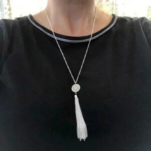 Detailed Circle and Tassel Silver Fashion Statement Long Necklace NWT